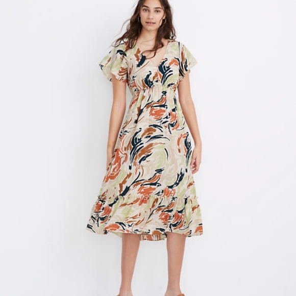 Madewell Dresses & Skirts - Madewell | Cream Patterned Ruffle Hem V-Neck Brushing Up Midi Dress Size 4